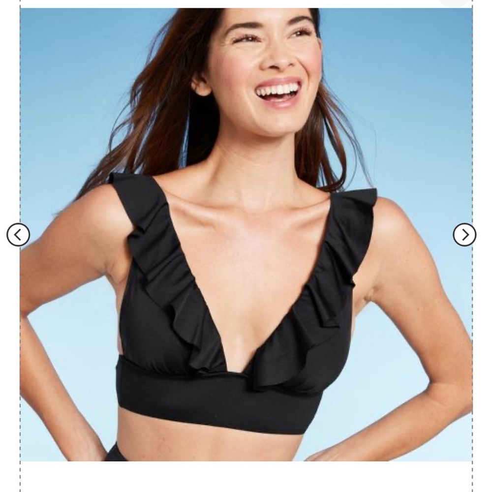 Women’s ruffle V-neck long line triangle bikini, top in black